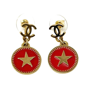 CHANEL Vintage 01P CC Logo Star Studded Earring Gold Red Accessory Rank AB+