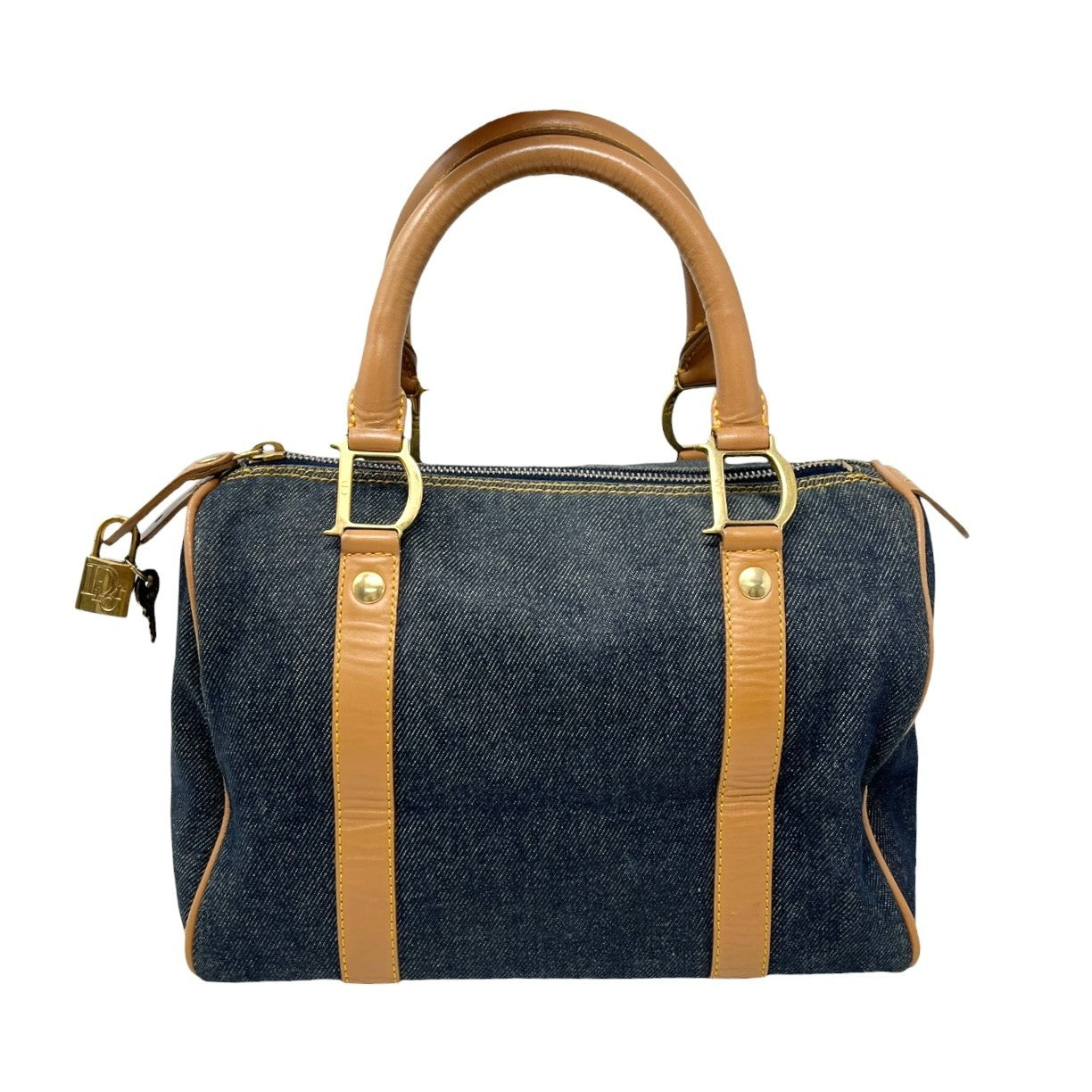 Christian Dior Vintage 2002 D Charm Denim Mini Boston Bag Blue Beige Gold 902586
