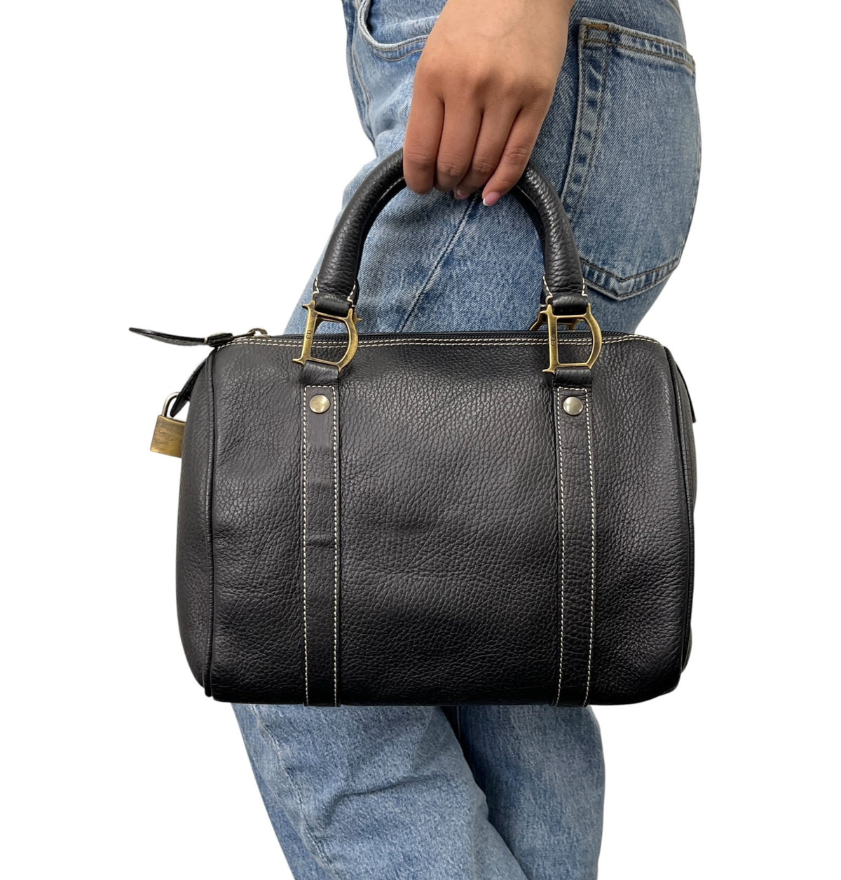 Christian Dior Vintage Padlock Double Handle Bag Handbag Black Leather 902348