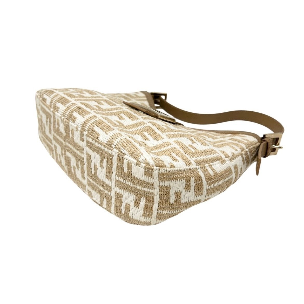 FENDI Vintage FF Logo Zucca Raffia Hobo Shoulder Bag Beige White Leather