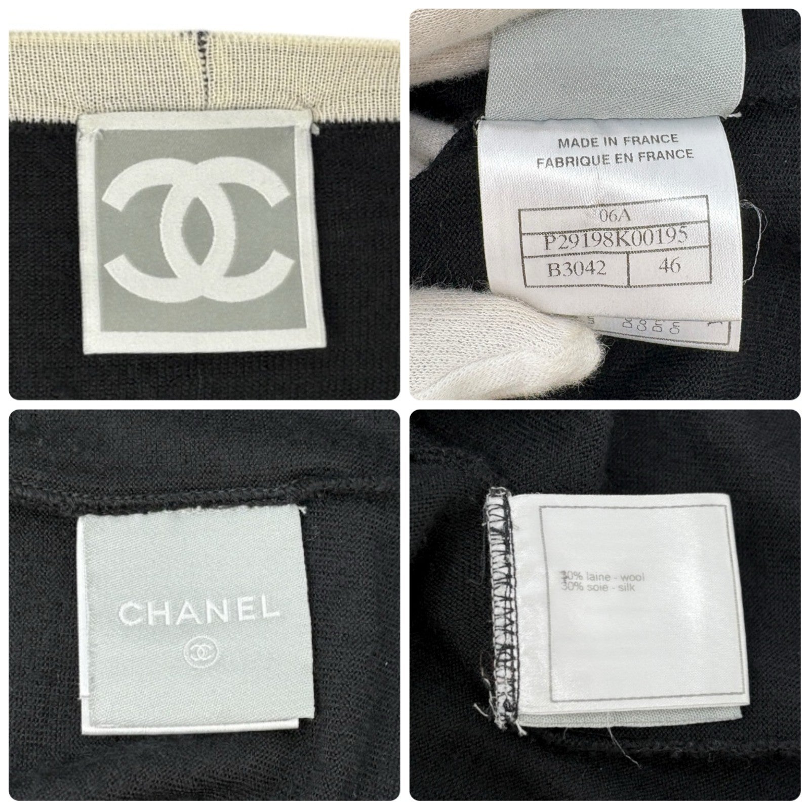 CHANEL Sport Vintage 06A CC Mark Logo Knit Cardigan #46 Black White Silk Wool