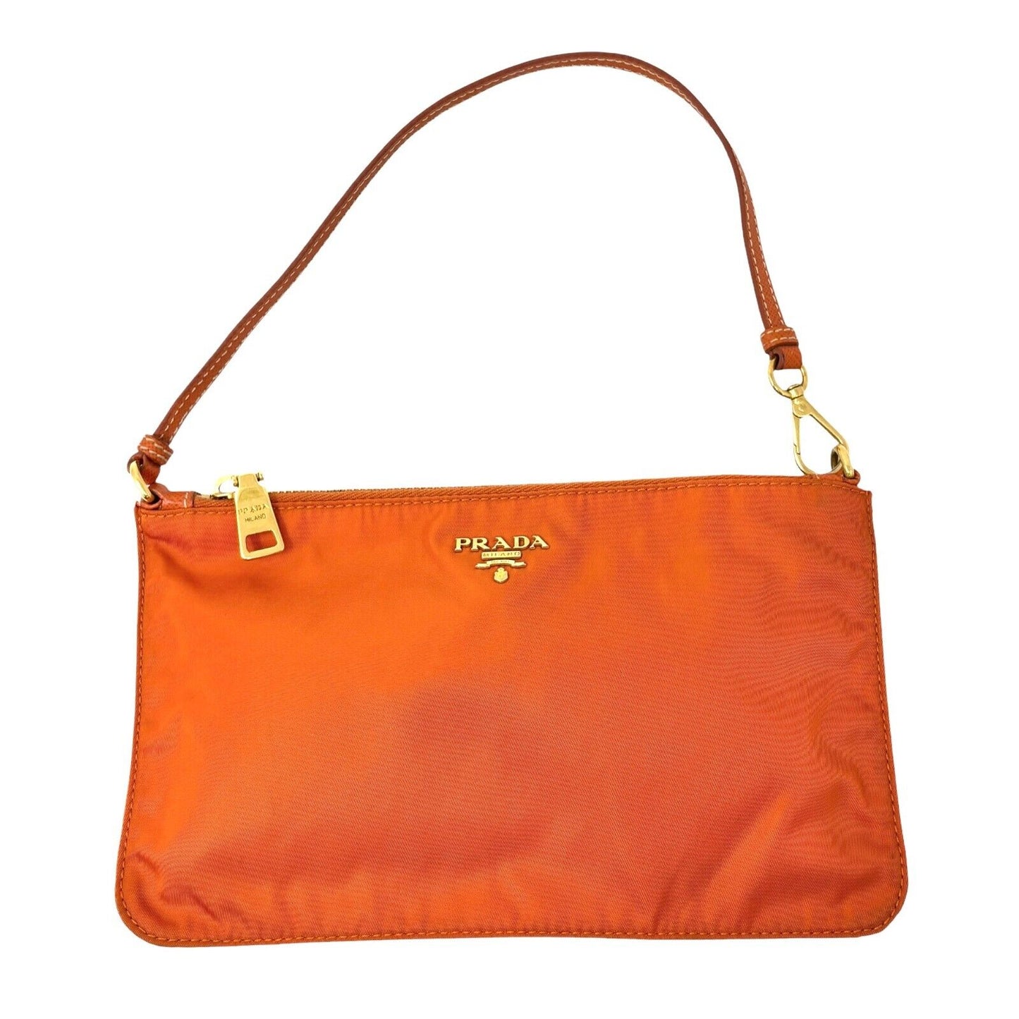 PRADA Vintage Logo Mini Shoulder Bag Pochette Pouch Orange Nylon Zip Leather