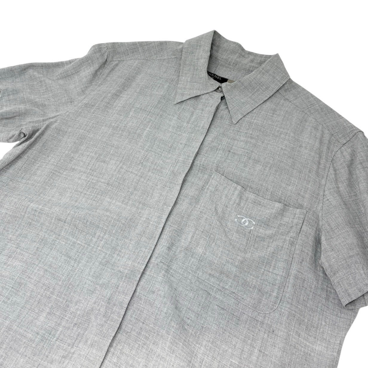 CHANEL Vintage 99P CC Logo Short Sleeve Shirt Blouse Pocket #38 Gray Rayon