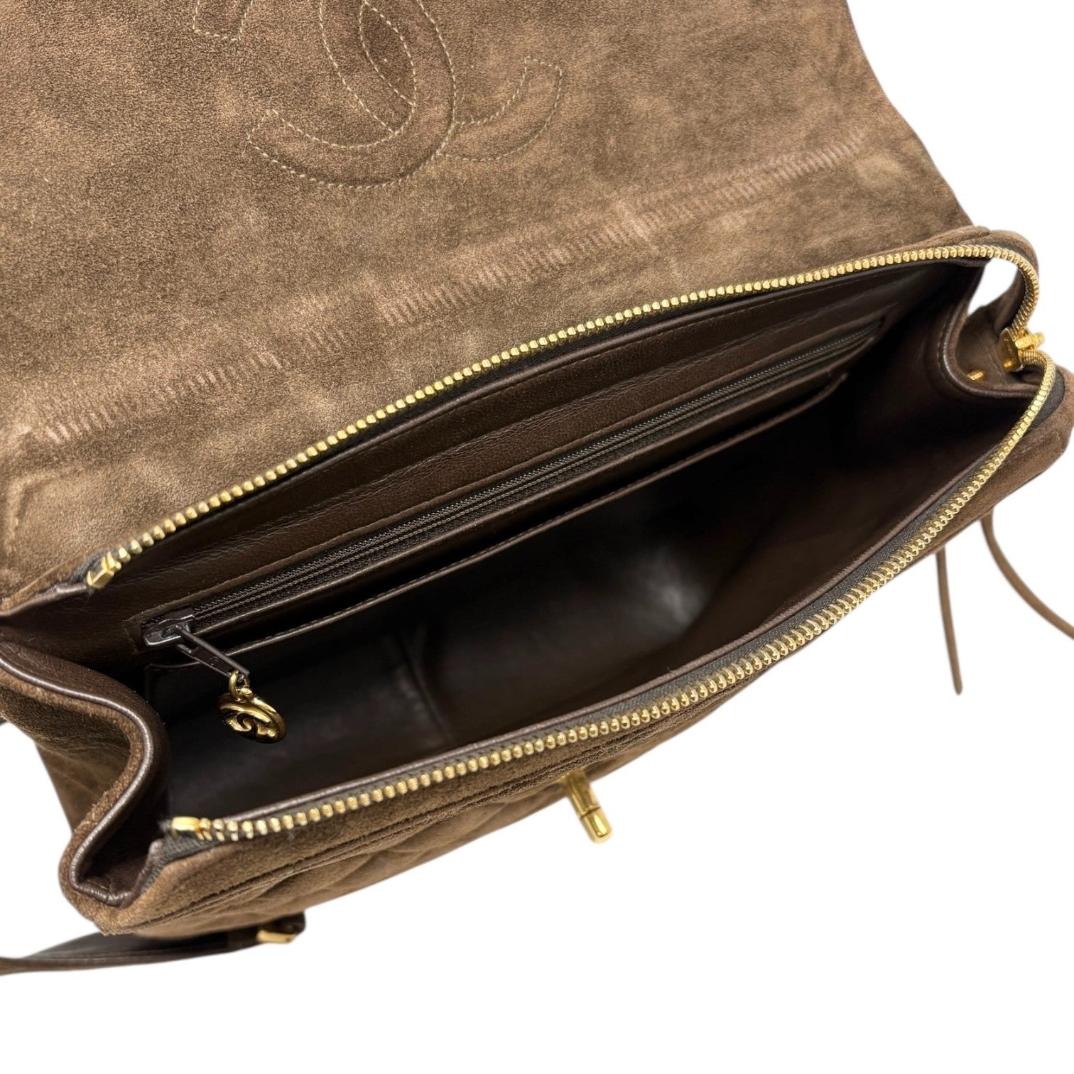 CHANEL Vintage CC Logo Suede Matelasse Backpack Bag Turn Rock Brown Gold