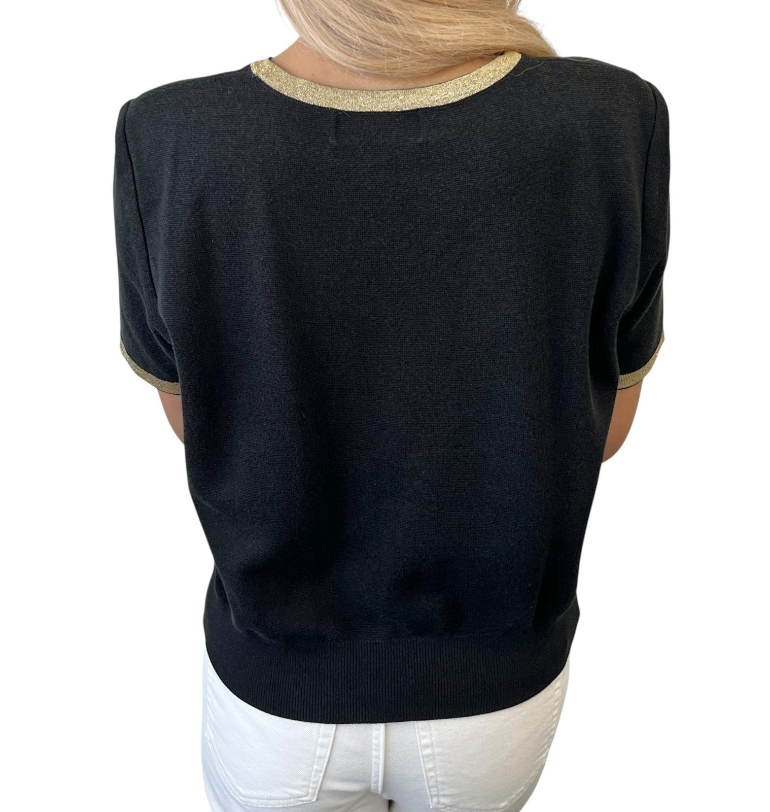 Yves Saint Laurent Vintage YSL Logo Knit T-shirt Top #M Black Gold Cotton