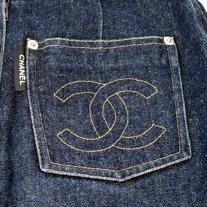 CHANEL Vintage 96P CC Mark Logo Denim Skirt #36 Dark Blue Yellow Cotton