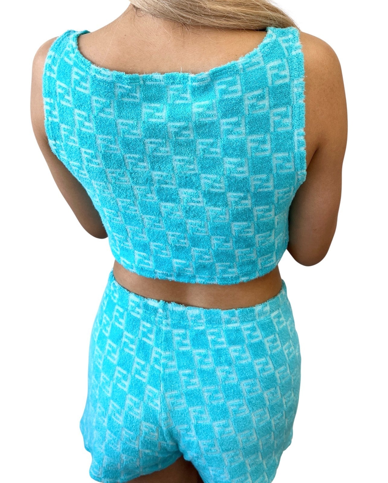 FENDI Vintage Zucchino Monogram Tank Top Short Pants Set #40 #44 Cropped Blue