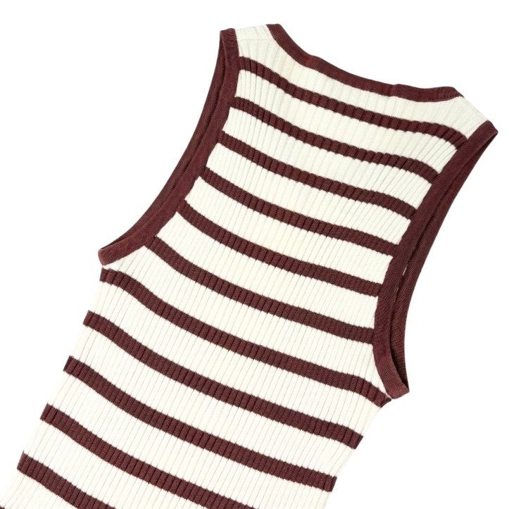 CHANEL Vintage 98P CC Mark Logo Rib Knit Tank Top Striped #40 Red White Cotton
