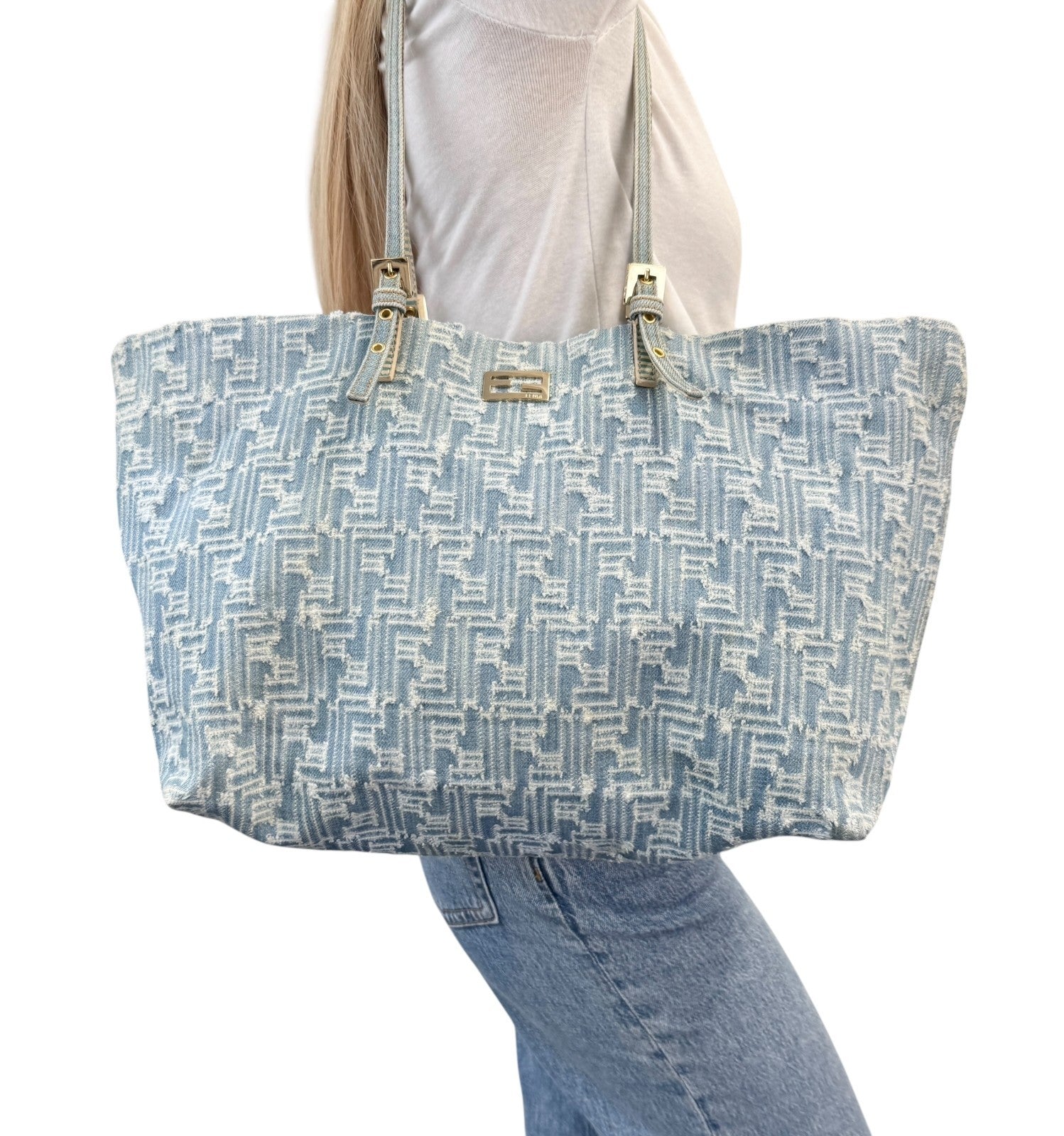 FENDI Vintage Zucca Monogram Denim Shoulder Tote Large Bag Blue FF Logo