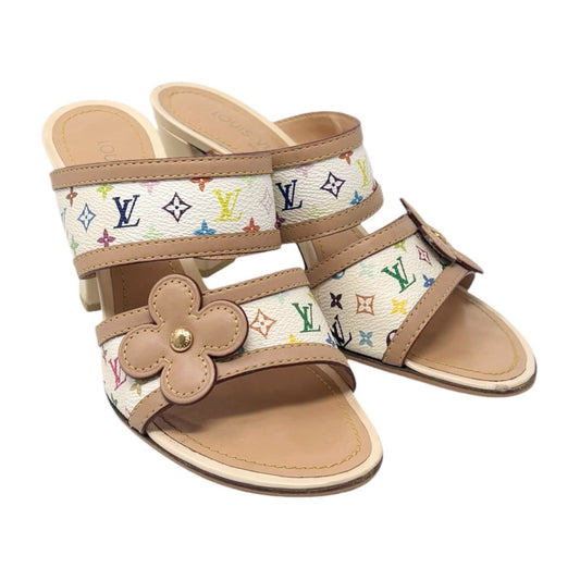 LOUIS VUITTON Vintage Monogram Multicolor Flower Sandals Heels #37 White 902261