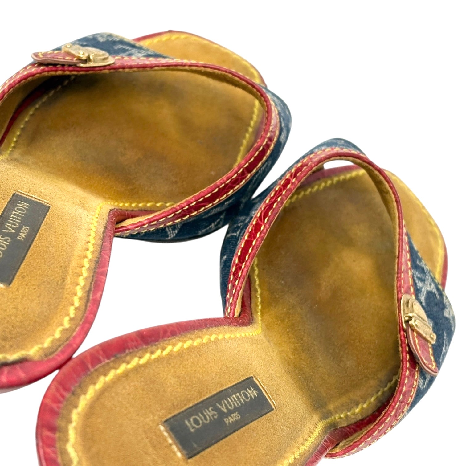 LOUIS VUITTON Vintage Monogram Denim Mule Sandals Heels #39 Blue Red Leather