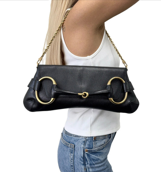 GUCCI Vintage Horsebit Logo Chain Shoulder Bag Leather Black Gold 902500