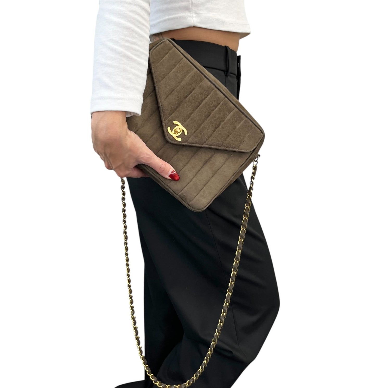 CHANEL Vintage CC Logo Quilted Fringe Chain Shoulder Bag Khaki Gold Suede