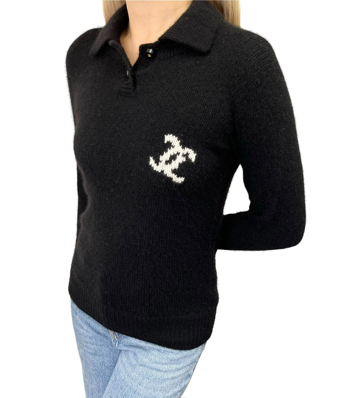 CHANEL Vintage 96A CC Logo Cashmere Knit Sweater Top #36 Black White 902484