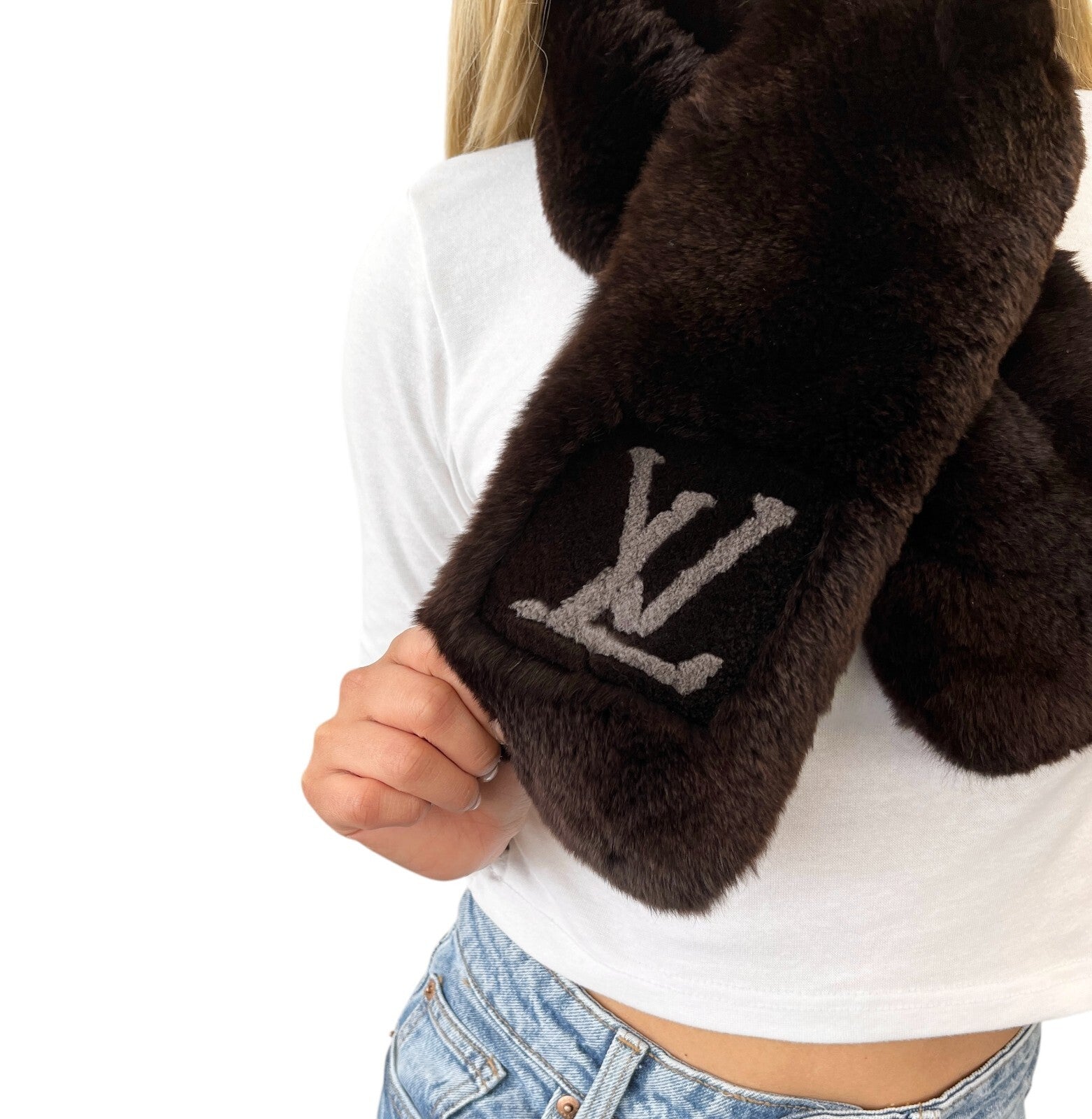 LOUIS VUITTON Vintage LV Logo Muffler Scarf Brown Gray Rabbit Fur Wool