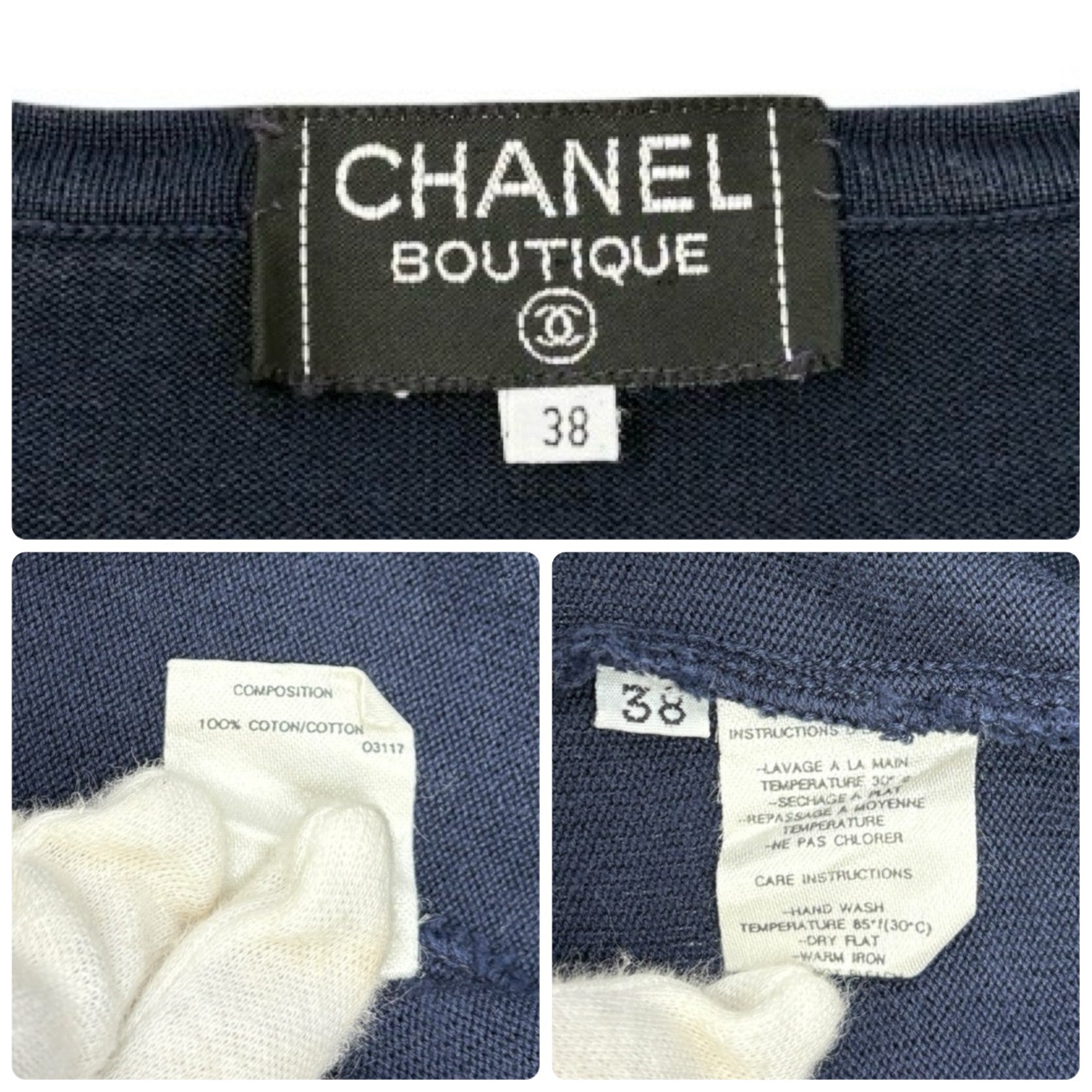 CHANEL Vintage CC Mark Logo Knit Top T-shirt Short Sleeve #38 Dark Blue Cotton
