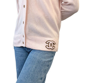 CHANEL Vintage 01A CC Mark Logo Knit Cardigan #42 Pink Brown Cashmere Stitch