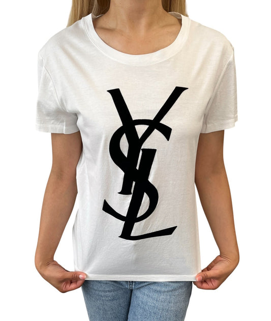 Yves Saint Laurent Vintage Logo Knit Top T-shirt #L White Black Cotton 902087