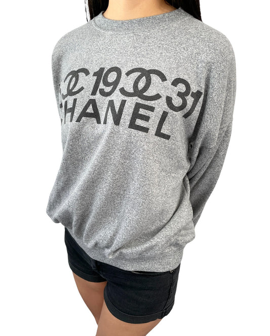 CHANEL Vintage 90s CC Logo Sweatshirt Pullover Long Sleeve Gray Black Cotton