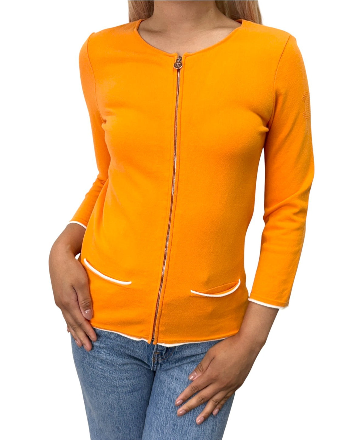 CHANEL Vintage P43225 CC Logo Zip Knit Cardigan Top #34 Orange Silver 902840