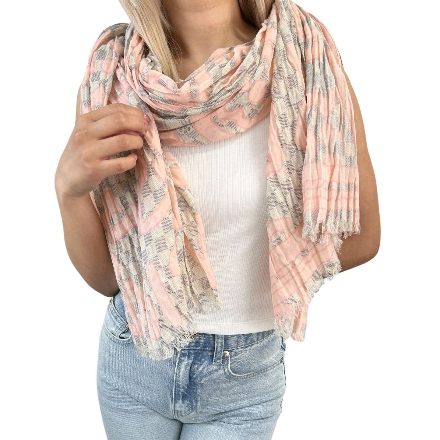 LOUIS VUITTON Vintage Damier Azur Tahitienne Scarves Wrap Pink Gray Cotton