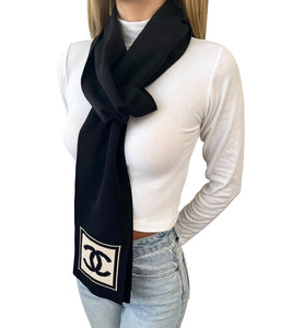 CHANEL Sport Vintage 03A CC Mark Logo Knit Scarf Shawl Black Beige Cotton