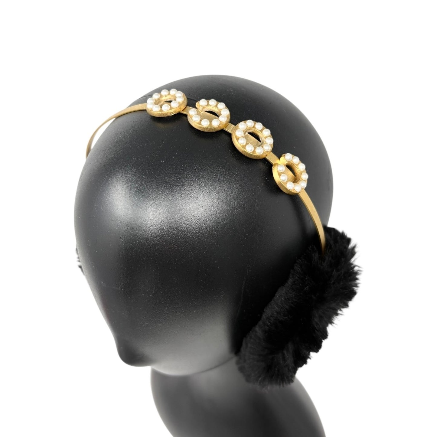 CHANEL Vintage 01A Pearl CC Mark Logo Fur Earmuffs Black Gold White