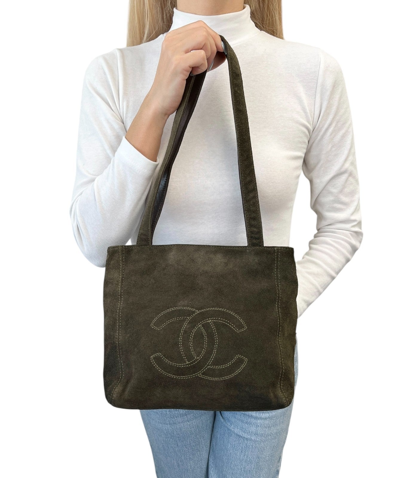 CHANEL Vintage Big CC Logo Embroidered Suede Shoulder Tote Bag Khaki
