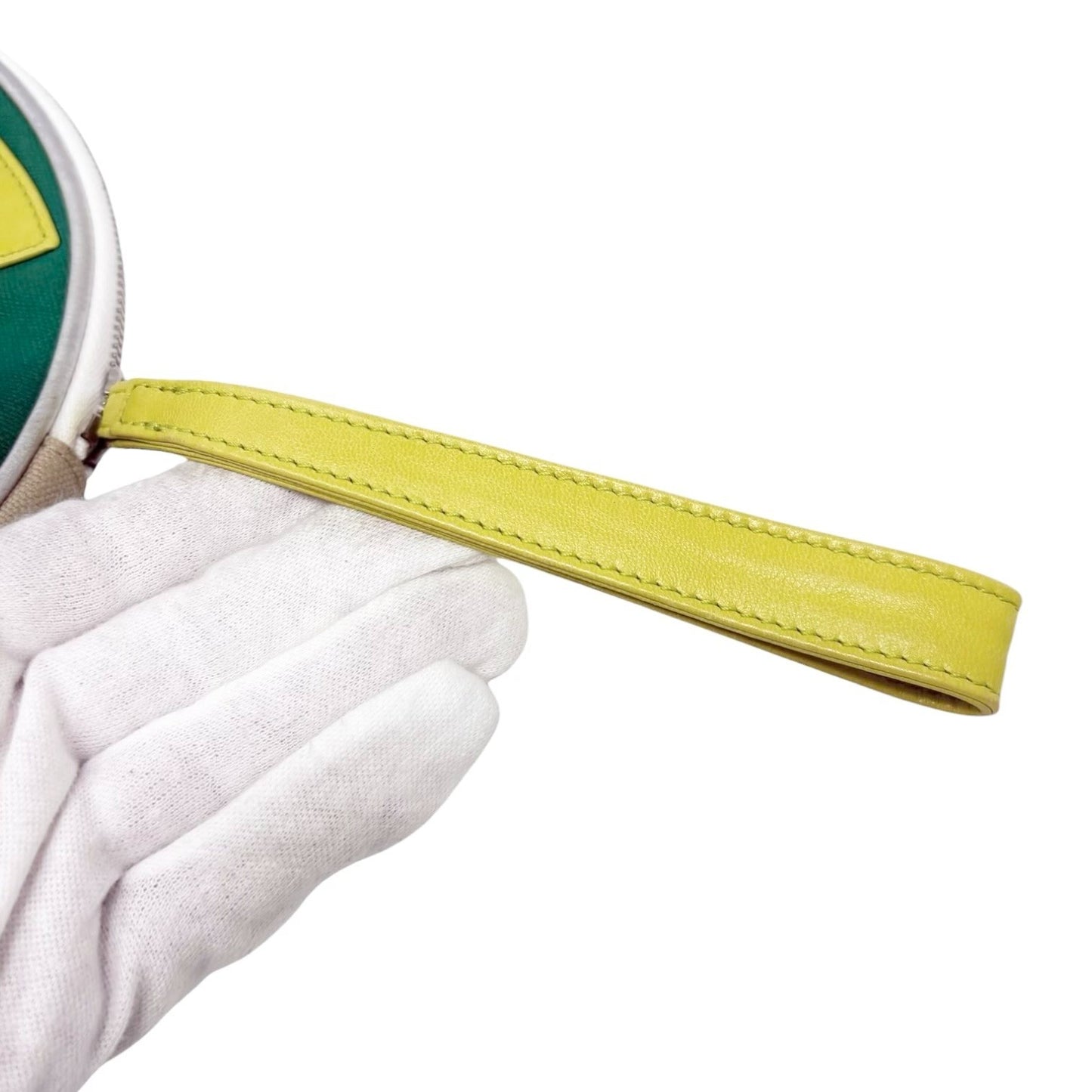 CHANEL Vintage CC Logo No.5 Round Clutch Pouch Bag Yellow Green Silver Cotton