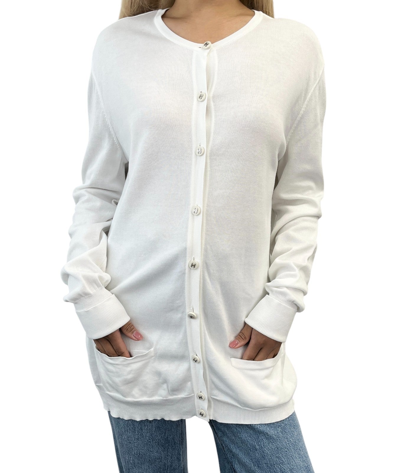 CHANEL Vintage 96P CC Logo Cardigan Top Button Pocket #44 White Long Sleeve