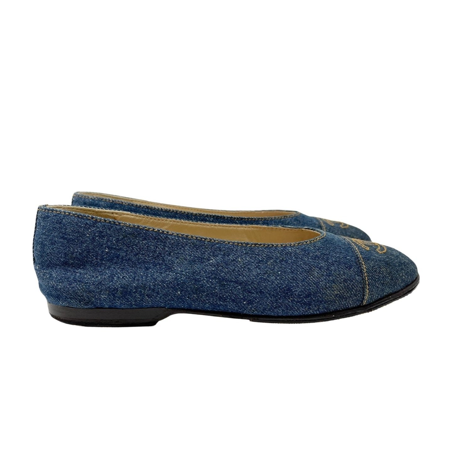 CHANEL Vintage 97P CC Mark Logo Denim Flat Shoes #36 Stitch Blue Beige Cotton