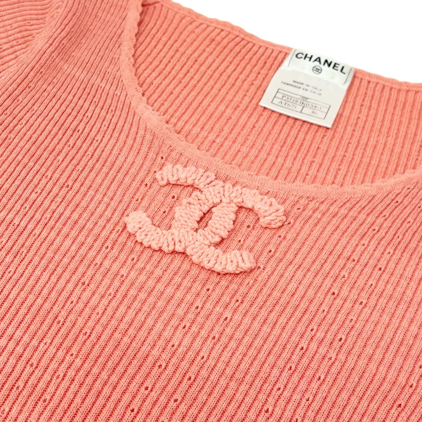 CHANEL Vintage 09P CC Logo Rib Knit T-shirt Top #36 Salmon Pink Cotton 901988