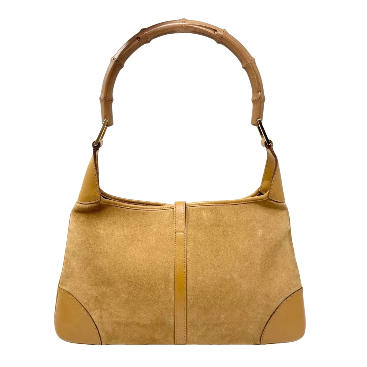 Gucci Vintage Bamboo Handle Hobo Shoulder Bag Beige Gold Suede Leather 902823