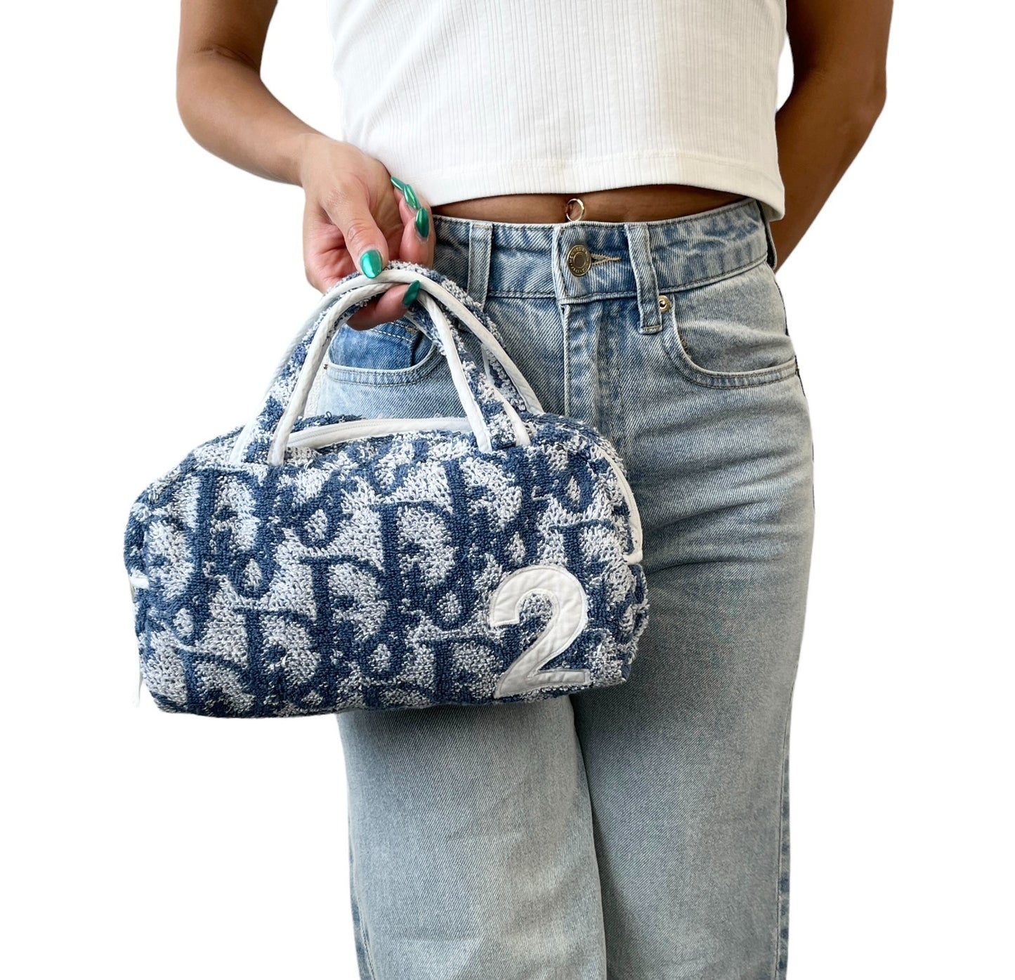 Christian Dior Vintage Trotter Monogram Terry Cloth Mini Bag Blue White 902100