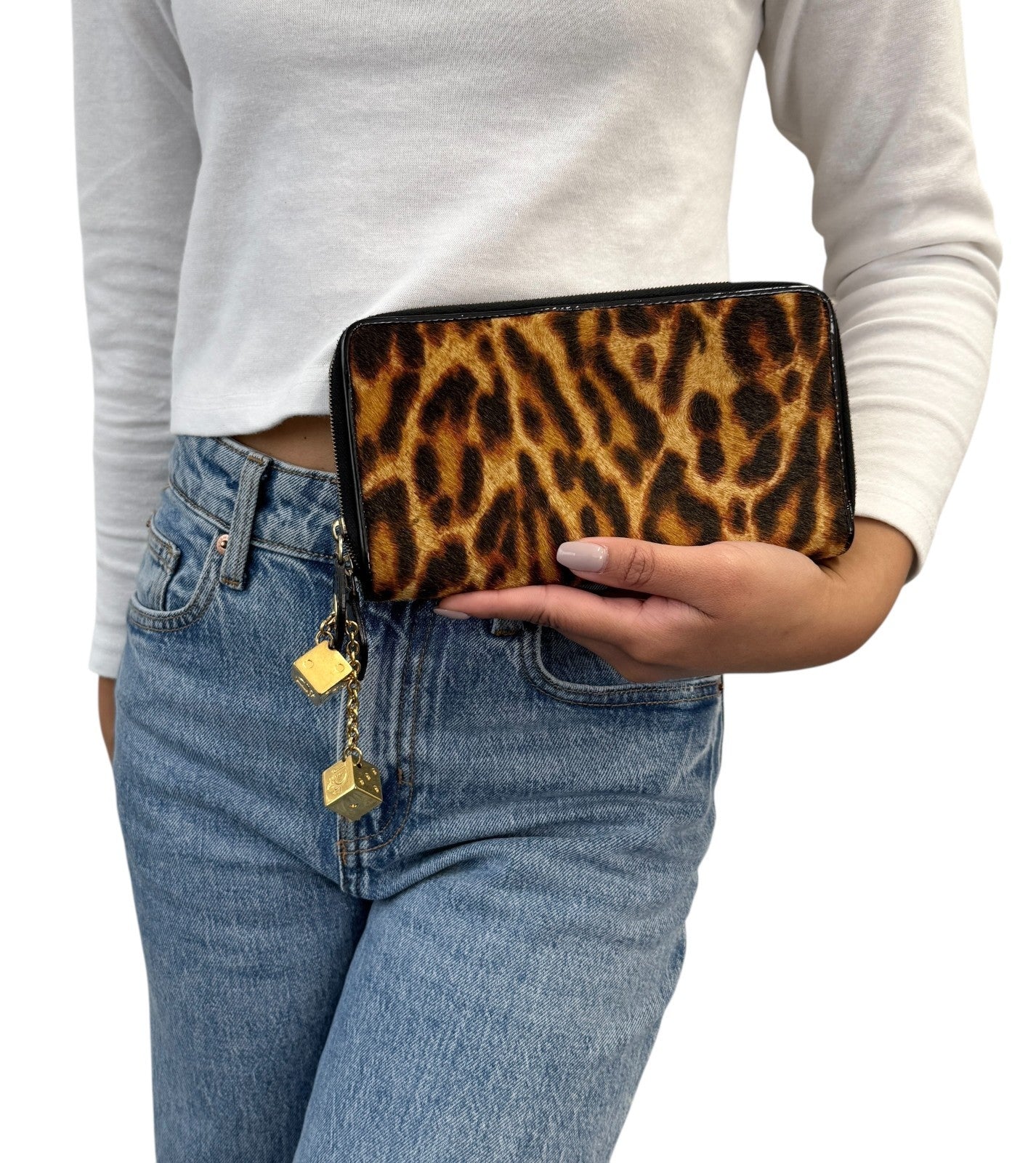 Christian Dior Vintage 2001 Logo Leopard Print Pony Hair Wallet Dice Charm