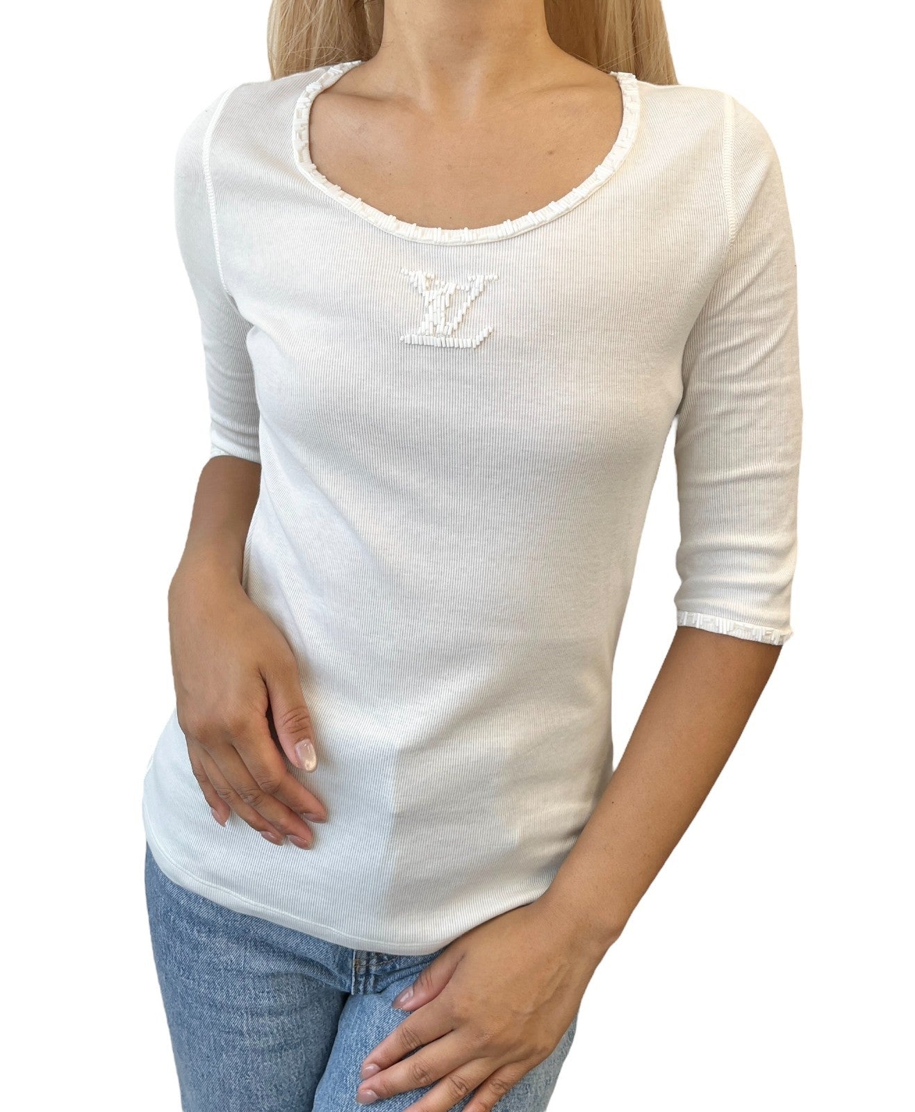 LOUIS VUITTON Vintage LV Logo Beads Knit T-shirt Top #L Cream White Cotton