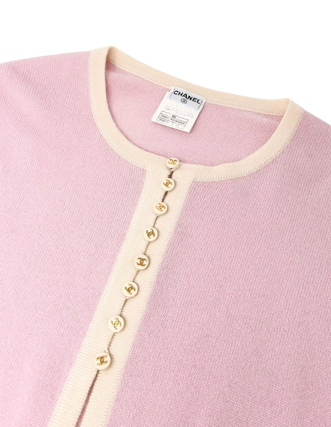 CHANEL Vintage 96C Long Cardigan #42 Knit Sweater Button Pink Cream Cashmere