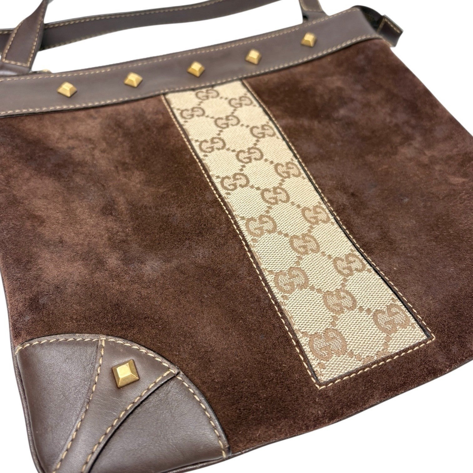 GUCCI Vintage GG Monogram Crossbody Bag Brown Gold Suede Canvas Studs Nailhead