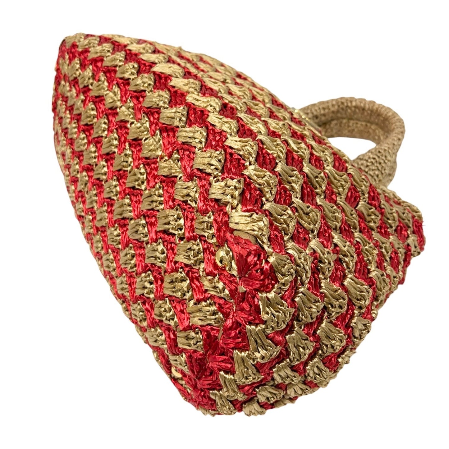 PRADA Vintage Triangle Logo Raffia Canapa Tote Bag Red Beige Gold Crochet 901970