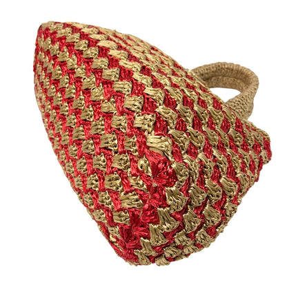 PRADA Vintage Triangle Logo Raffia Canapa Tote Bag Red Beige Gold Crochet 901970