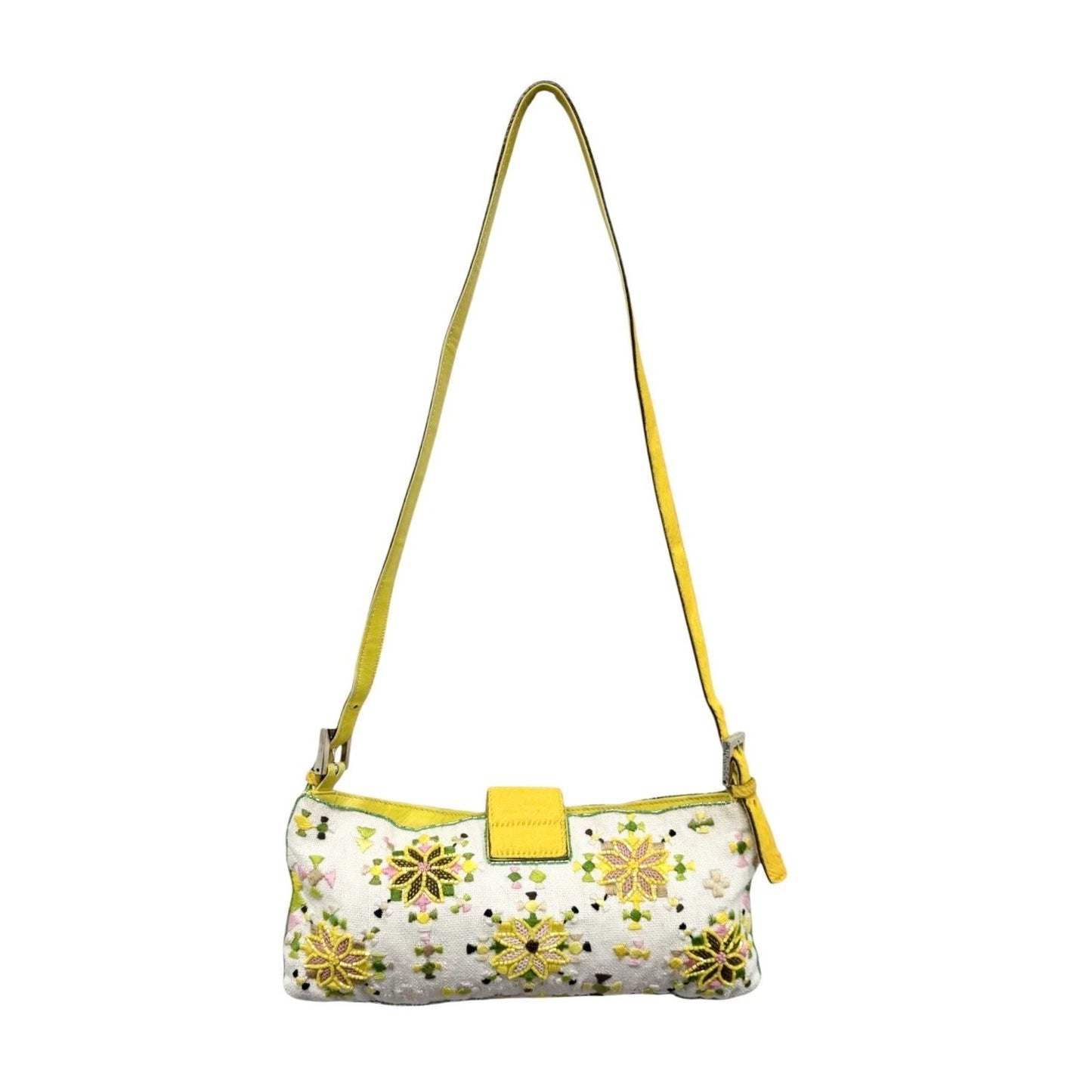 FENDI Vintage FF Beads Mamma Baguette Crossbody Bag Flower Embroidery Yellow