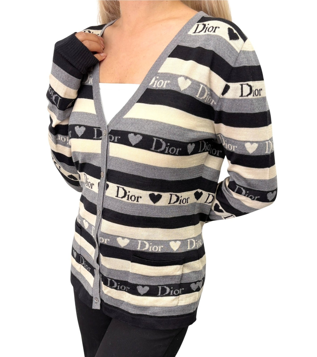 Christian Dior Vintage 2005 Stripe Heart Cardigan Top #40 Gray Ivory 902838