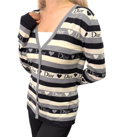 Christian Dior Vintage 2005 Stripe Heart Cardigan Top #40 Gray Ivory 902838