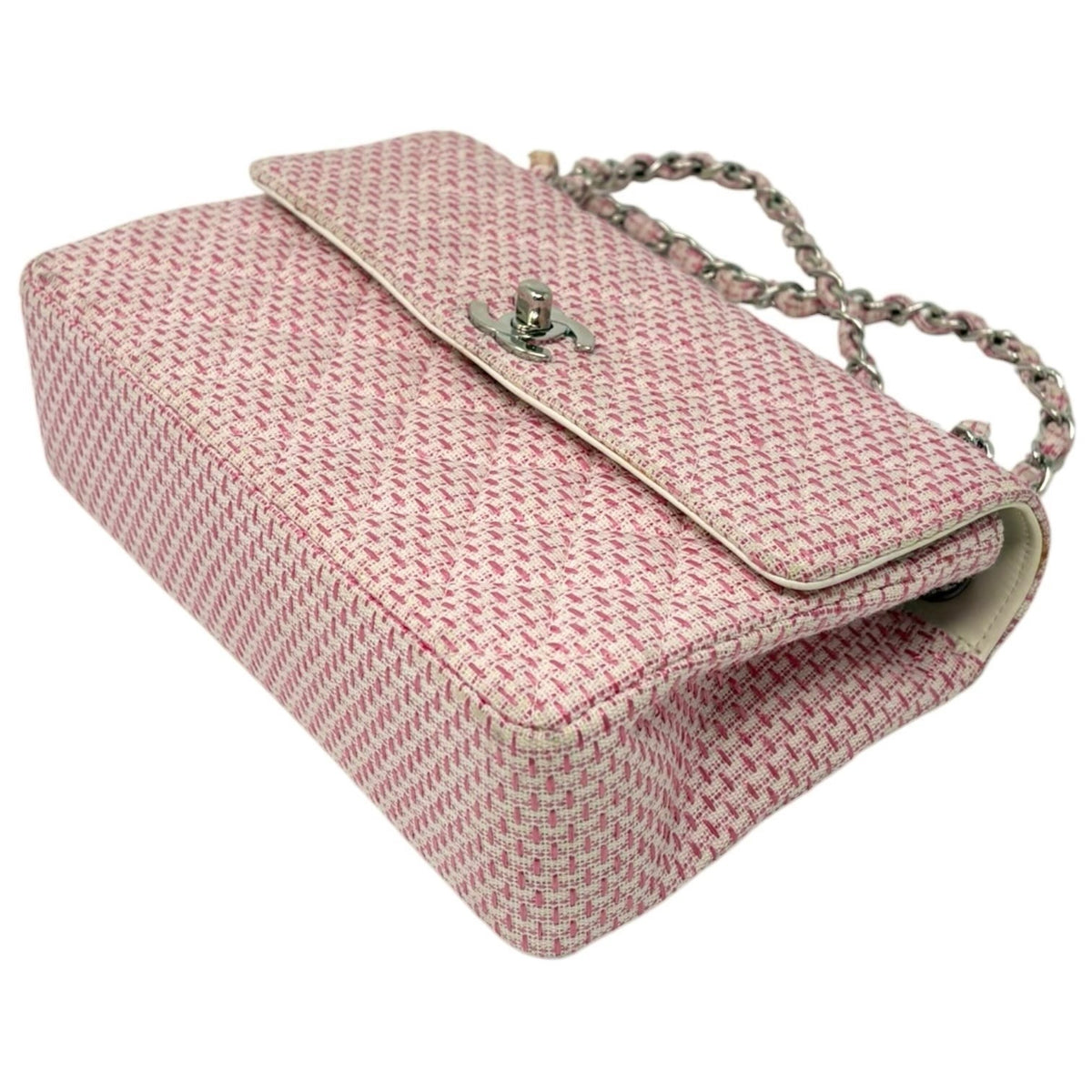 CHANEL Vintage CC Logo Quilted Chain Shoulder Bag Pink Cream Tweed 902313
