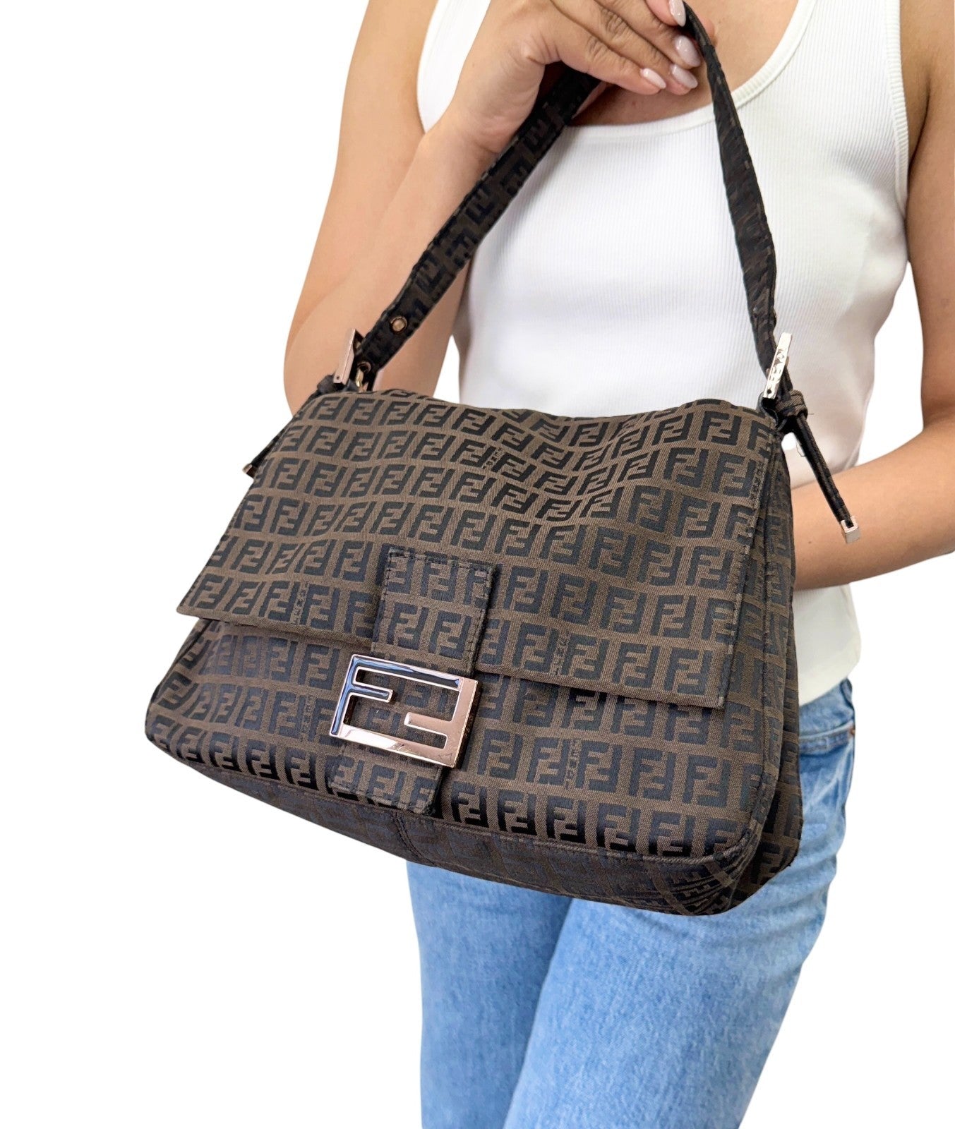FENDI Vintage FF Logo Zucchino Mamma Baguette Shoulder Bag Brown 901885