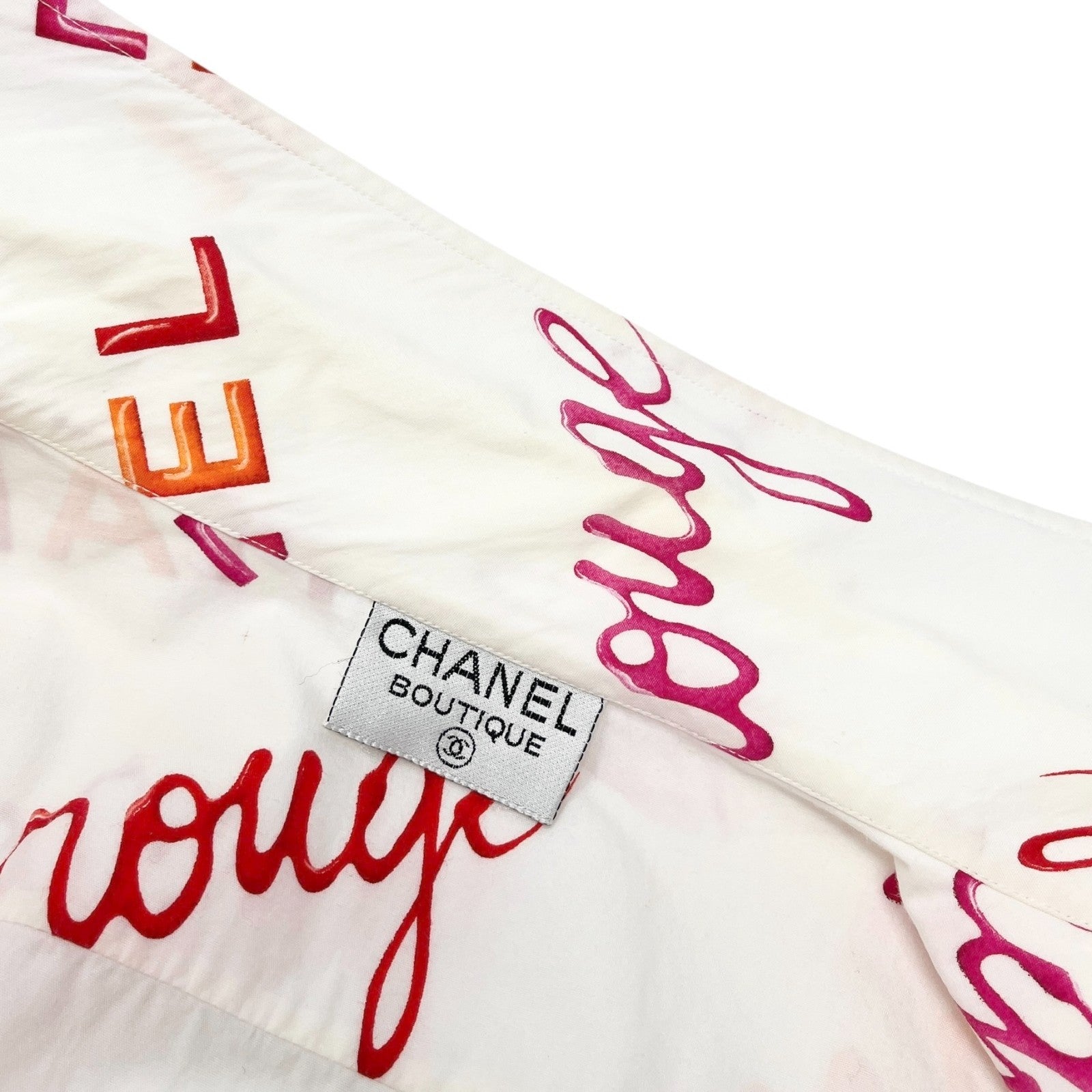 CHANEL Vintage 96P Logo Button Up Shirt Rouge Long Sleeve White Pink Cotton