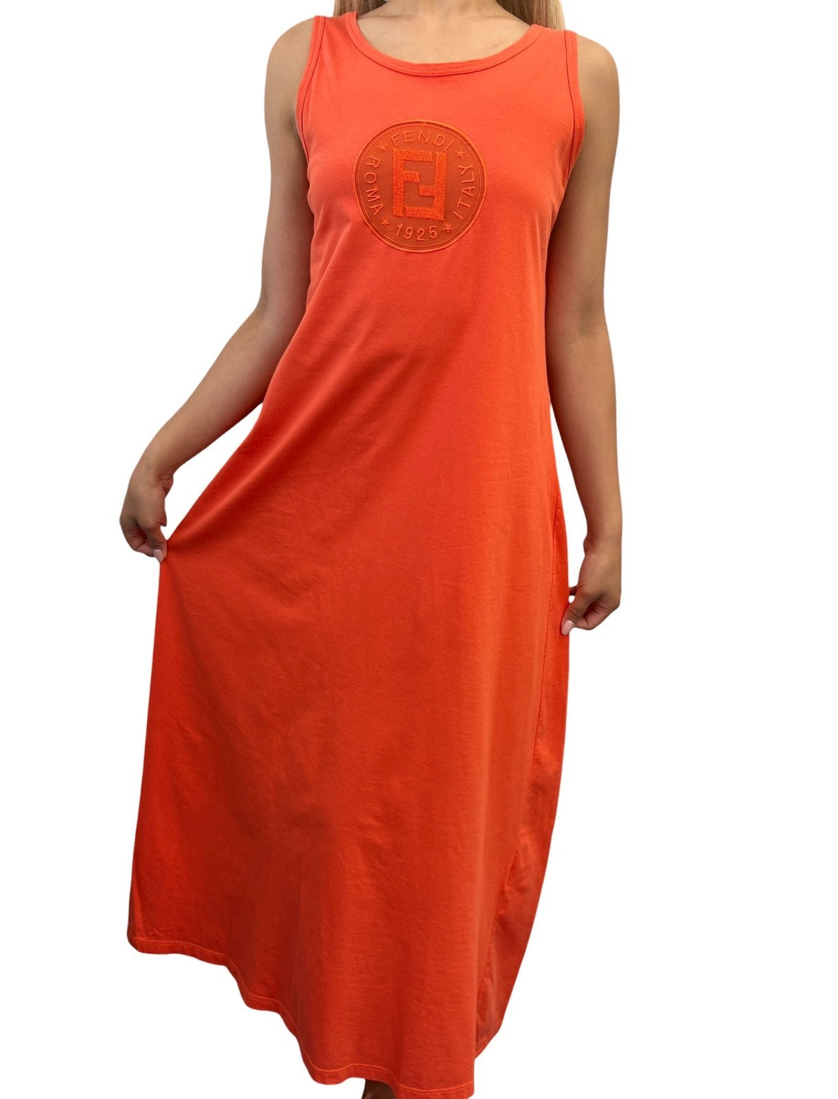 FENDI Vintage FF Logo Embroidered Sleeveless Tank Maxi Dress #38 Orange Cotton