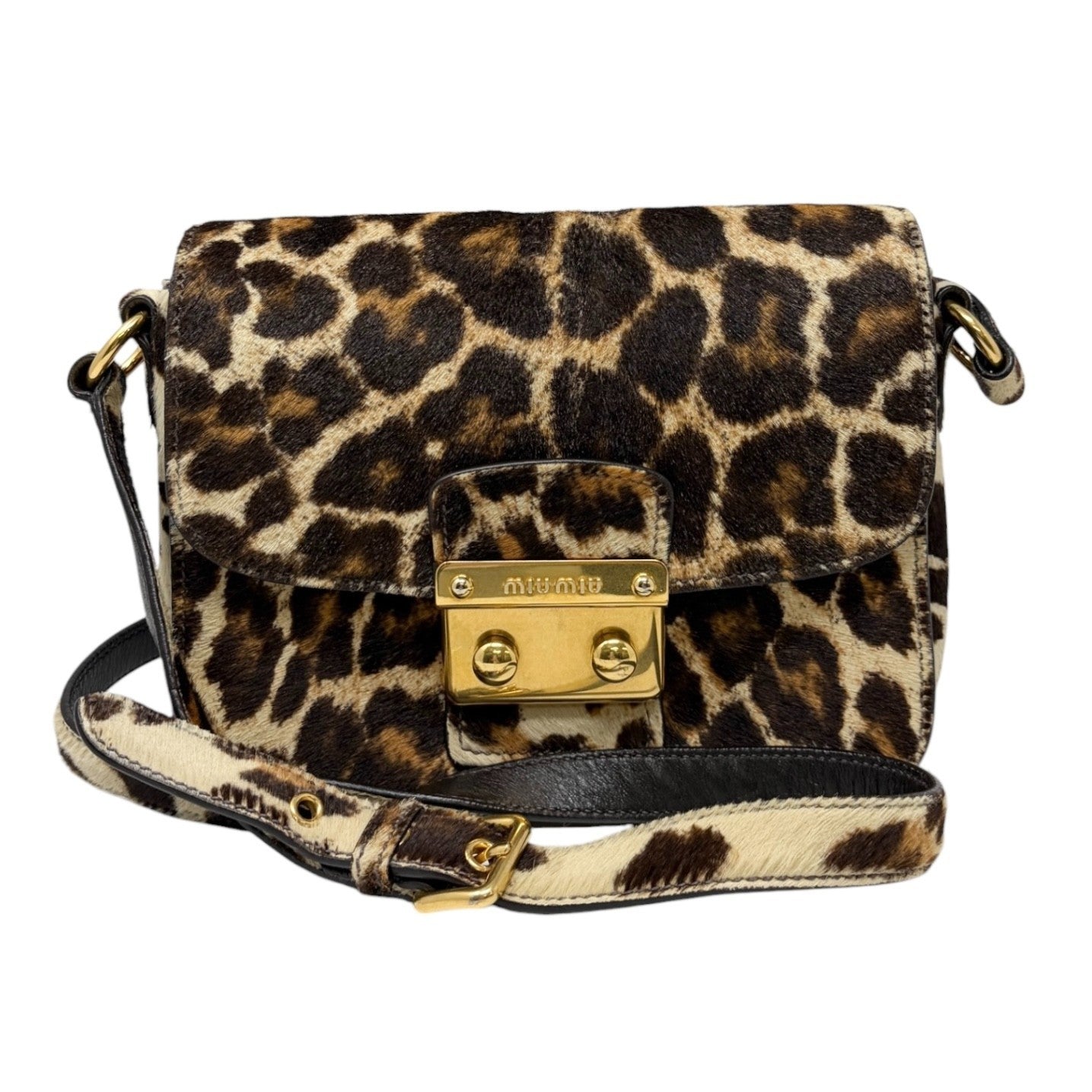 miumiu Vintage Leopard Pony Calf Hair Crossbody Bag Brown Gold Leather 902218