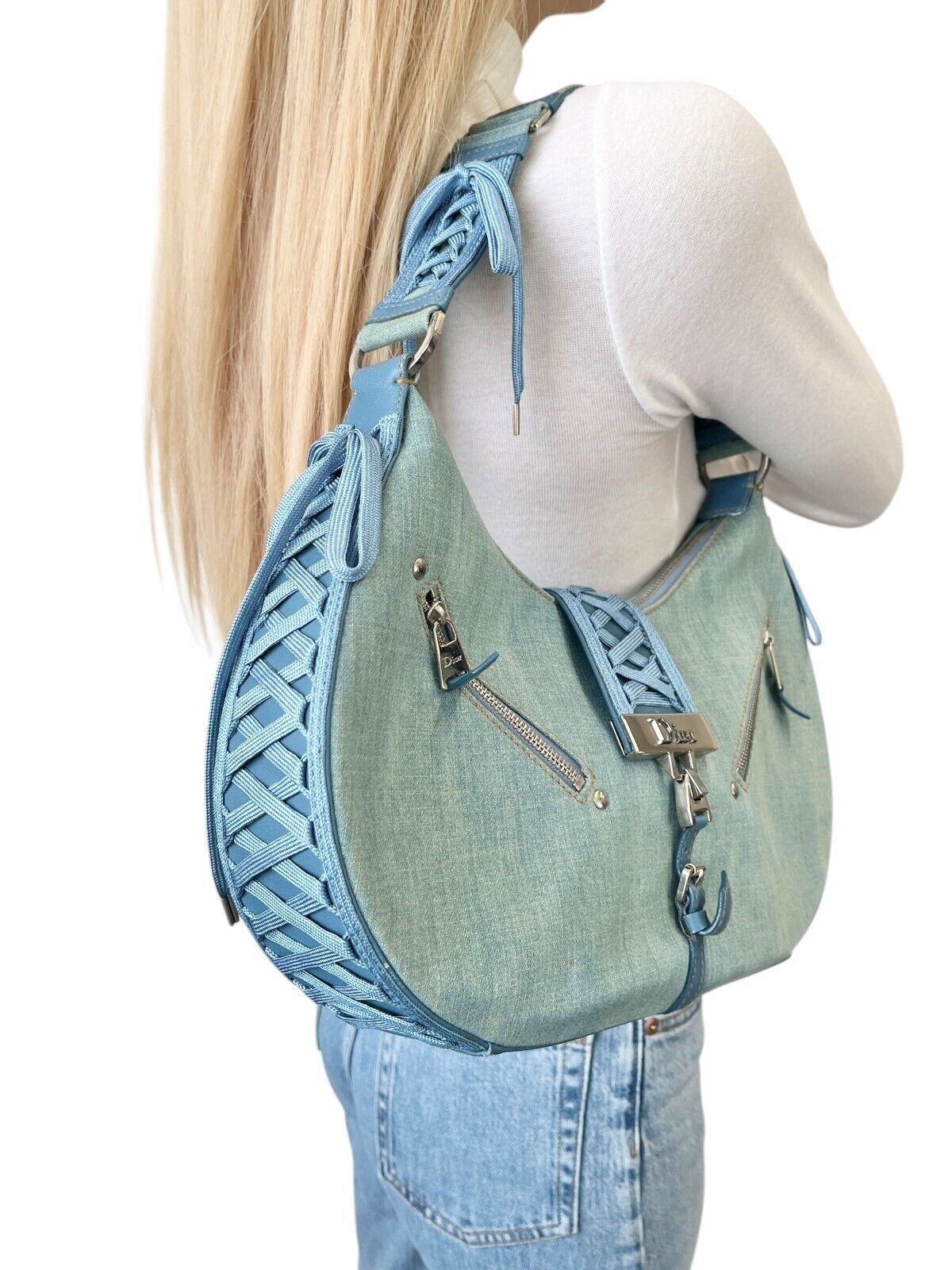 Christian Dior Vintage 2002 Admit It Denim Shoulder Bag Blue Silver Cotton