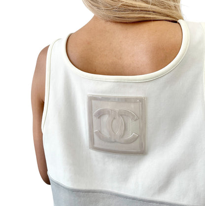 CHANEL Sport Vintage 01P Big CC Logo Tank Top #42 Gray White Nylon 106915